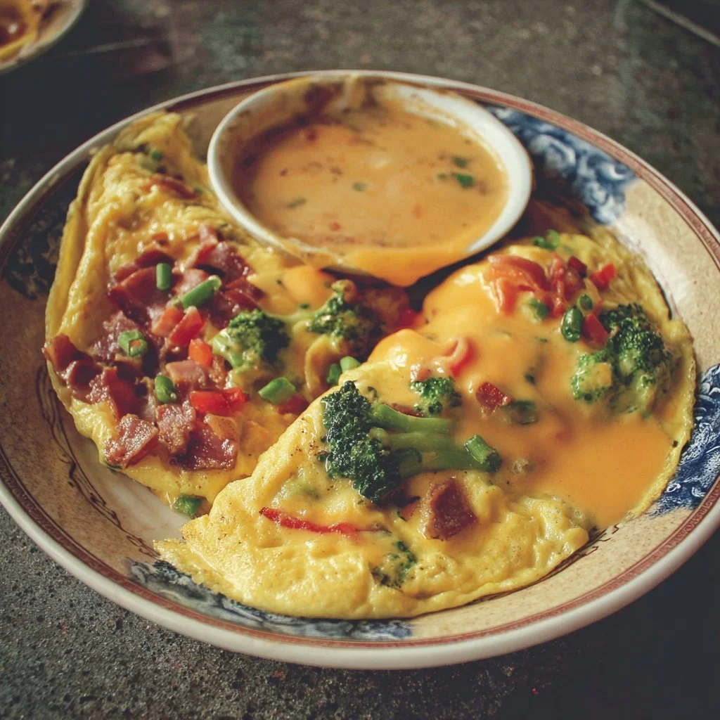 Colorful breakfast omelettes filled with vegetables and cheese on a plate.