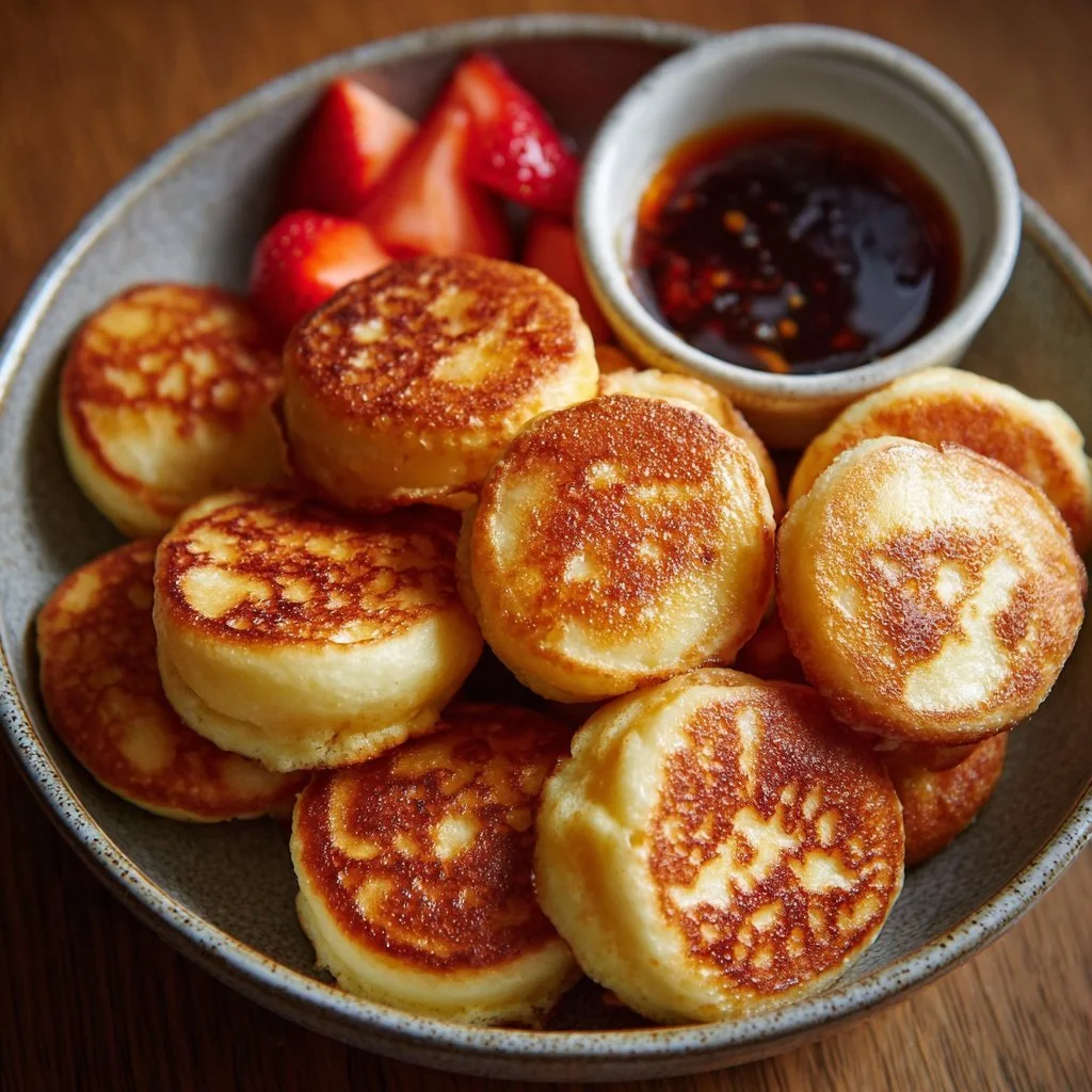 Delicious breakfast pancake poppers served on a plate with syrup and berries.