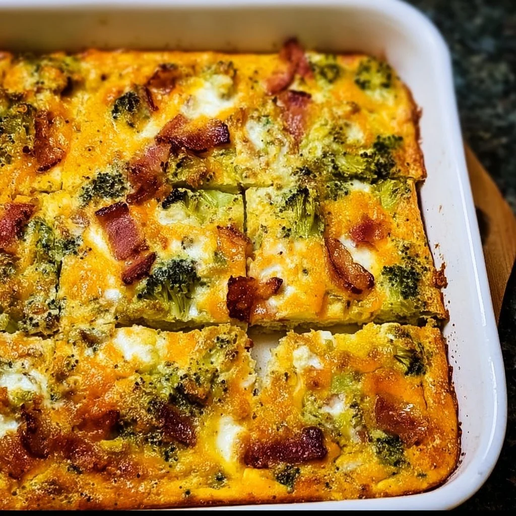 Delicious Broccoli Cheddar Egg Bake with Turkey Bacon served on a plate.