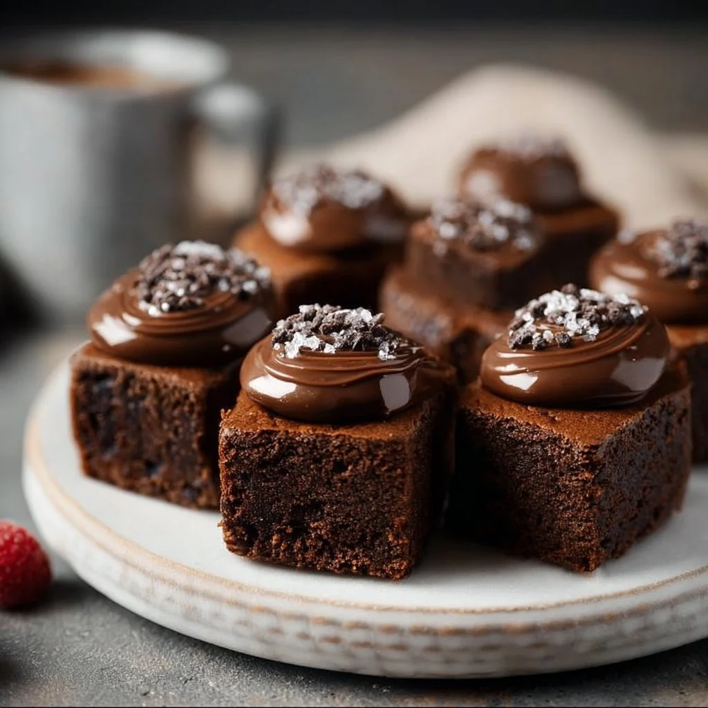 Delicious brownie petit fours arranged on a white plate, perfect for desserts.