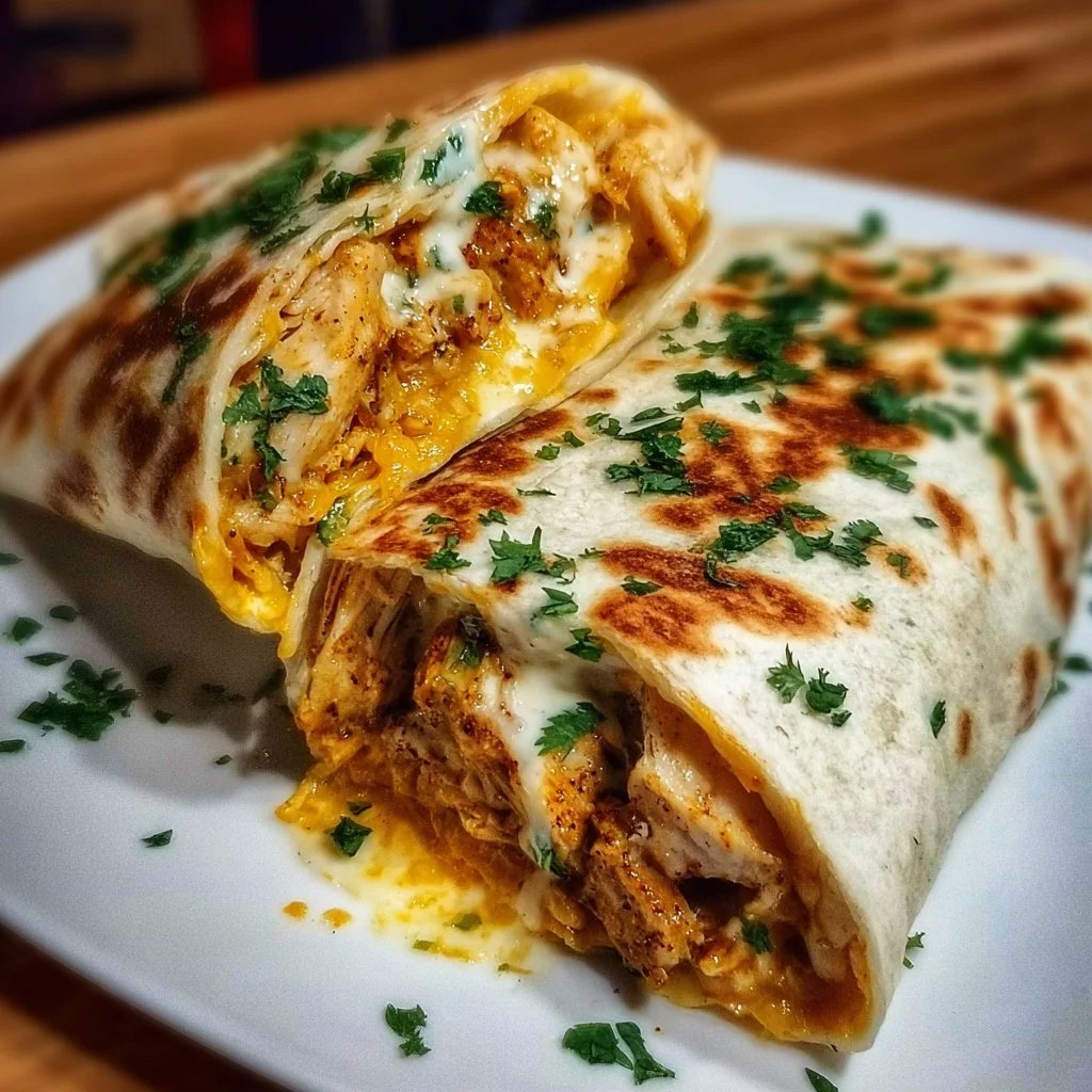 Delicious cheesy garlic chicken wraps served with fresh vegetables