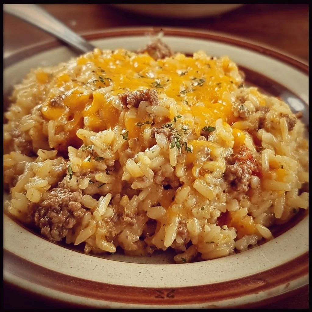Cheesy Hamburger Rice Casserole served in a baking dish