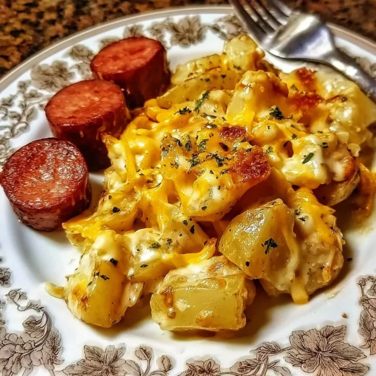 Cheesy ranch potatoes with smoked sausage served in a dish