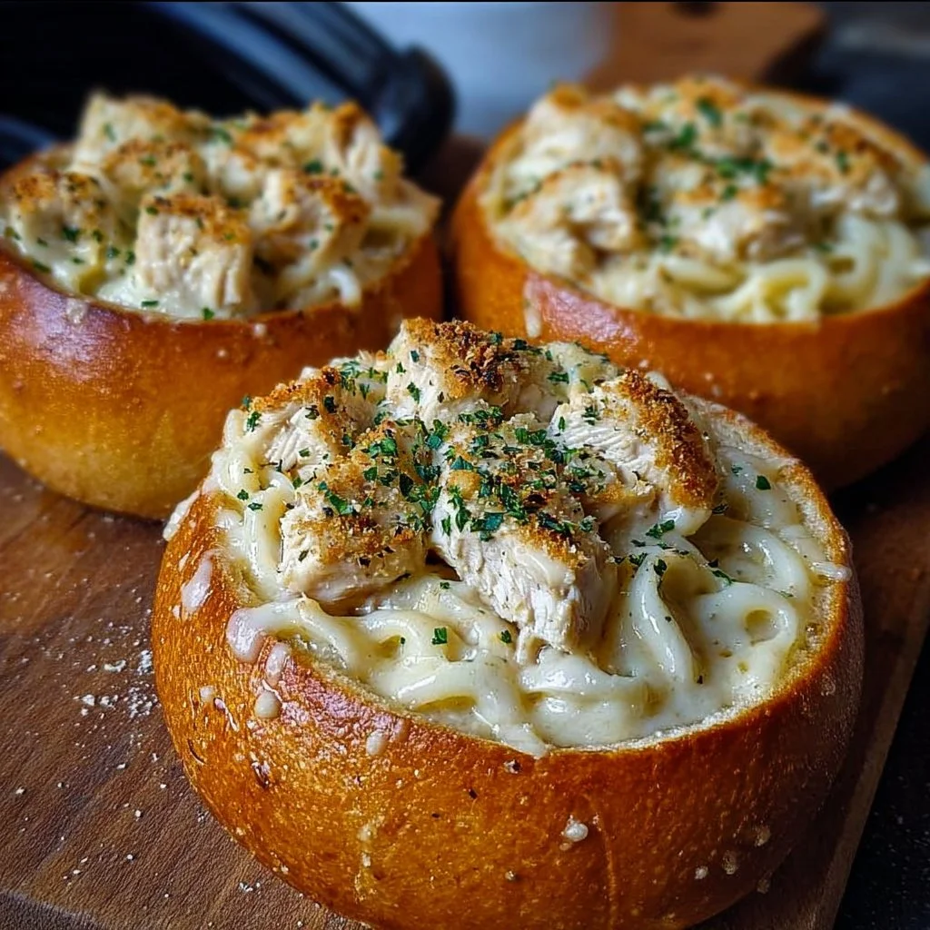 Chicken Alfredo garlic bread bowls filled with creamy pasta and chicken.