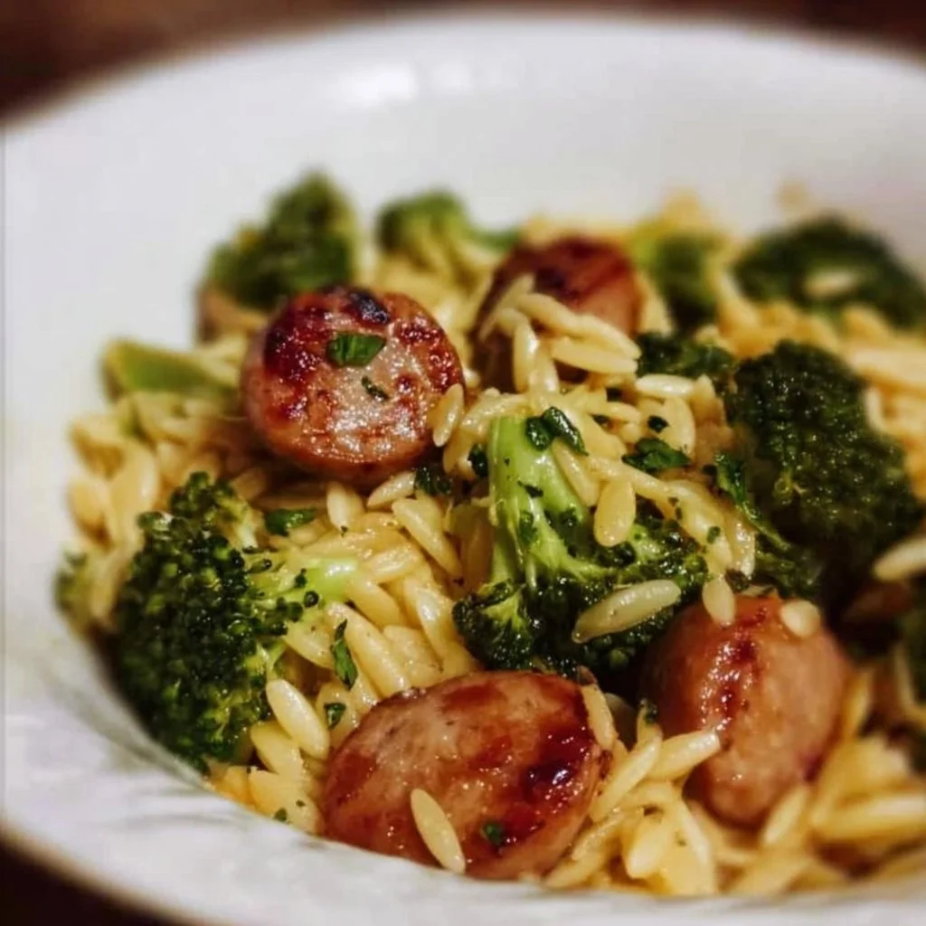 A flavorful Chicken Sausage and Broccoli Orzo dish served in a bowl.