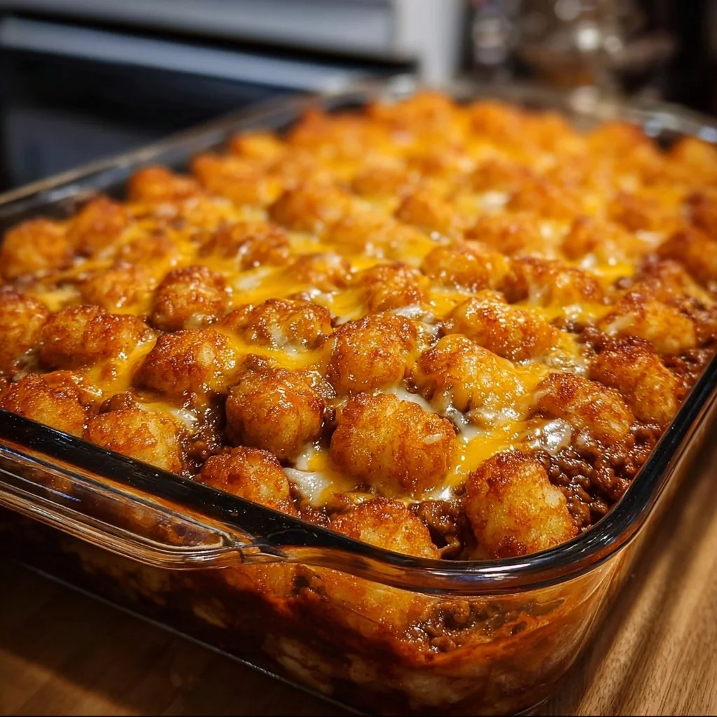 Delicious Chili Cheese Tater Tot Casserole served in a colorful dish