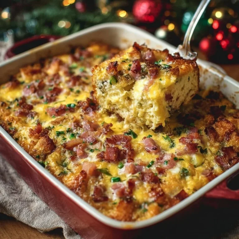 Delicious Christmas Breakfast Casserole topped with cheese and herbs