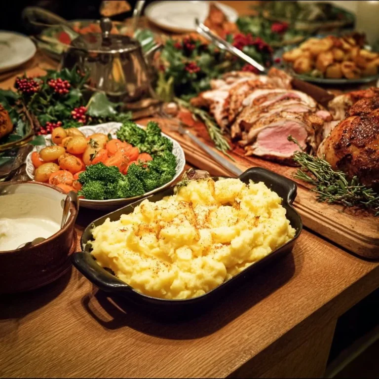 A beautifully set table for a Christmas dinner for a large group.