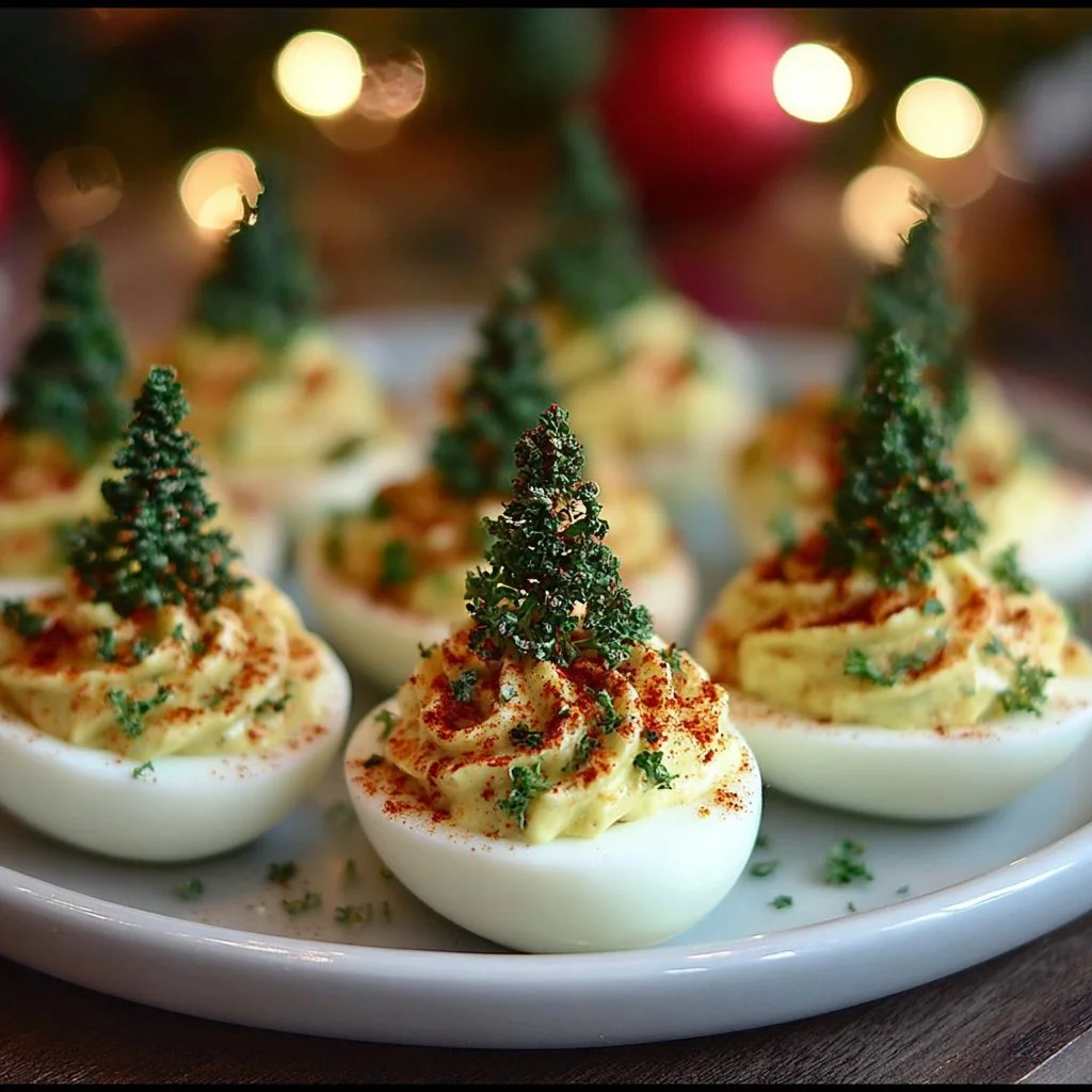 Festive Christmas Tree Deviled Eggs decorated for the holiday season