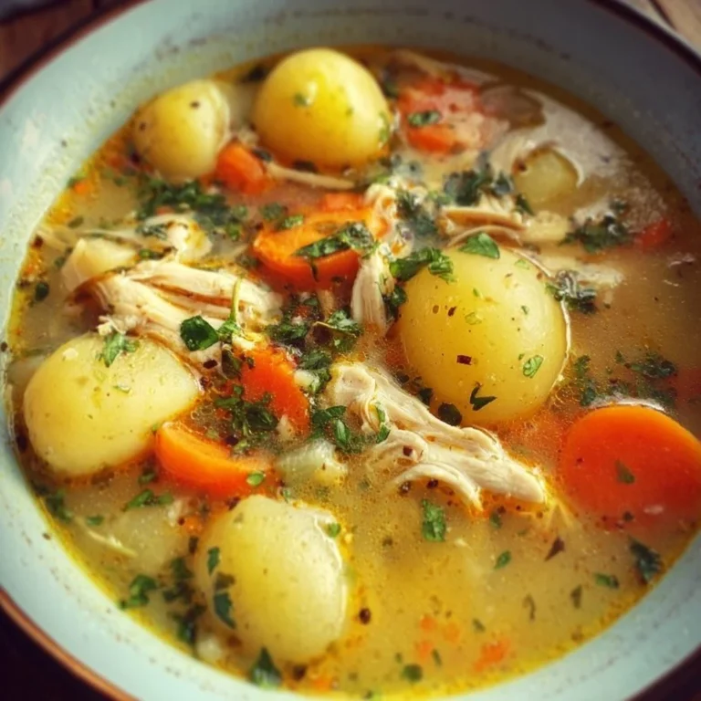 Bowl of comforting chicken soup with potatoes garnished with herbs