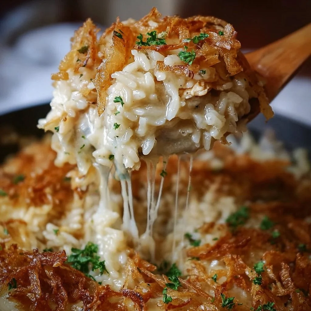 Delicious French Onion Chicken Rice Bake served in a casserole dish