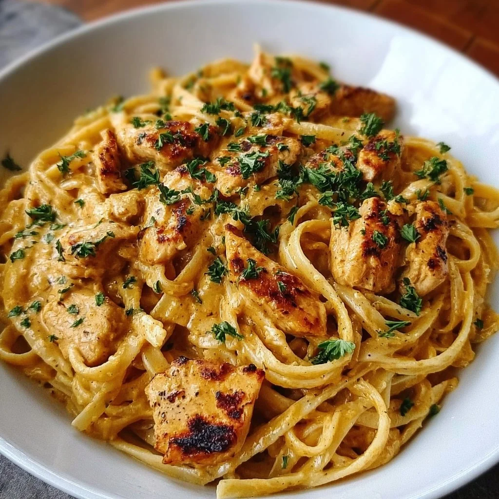 Creamy Cowboy Butter Chicken Linguine garnished with herbs