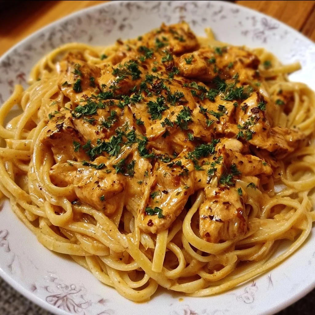 Delicious Cowboy Butter Chicken Linguine topped with herbs and spices