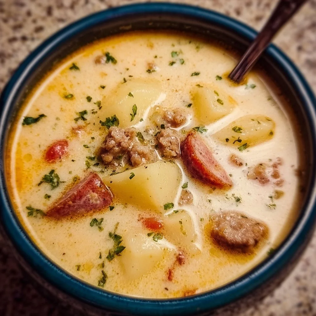 A bowl of cozy sausage potato soup garnished with herbs.