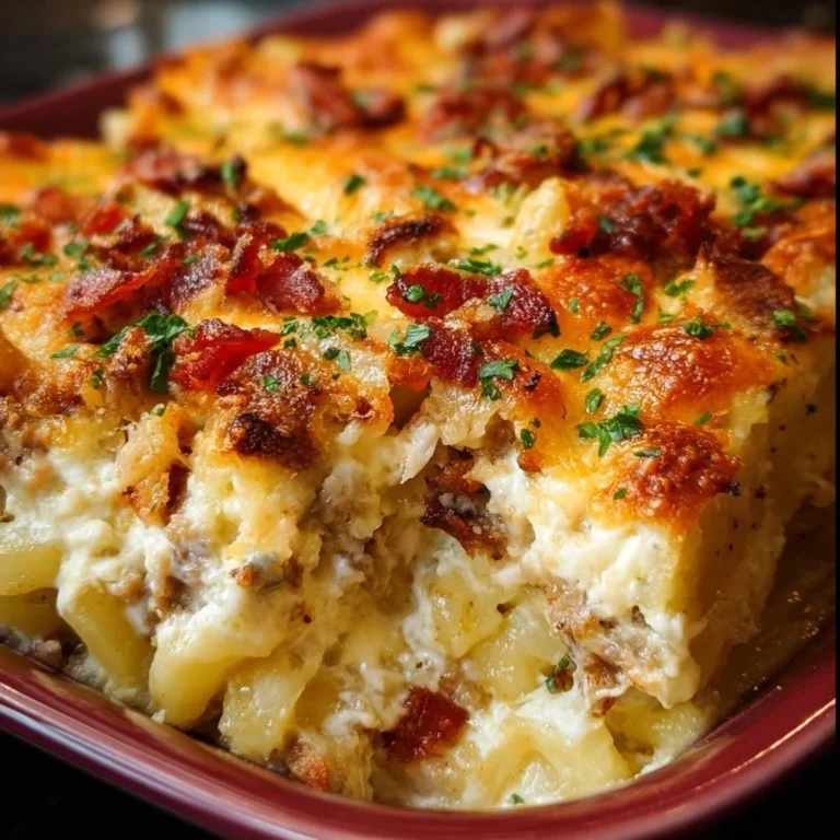 Delicious Crazy Good Casserole dish ready to serve, topped with cheese and herbs.
