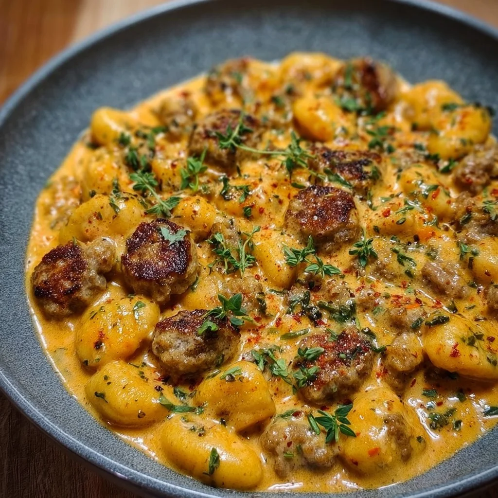 Creamy butternut squash gnocchi served with sausage in a bowl