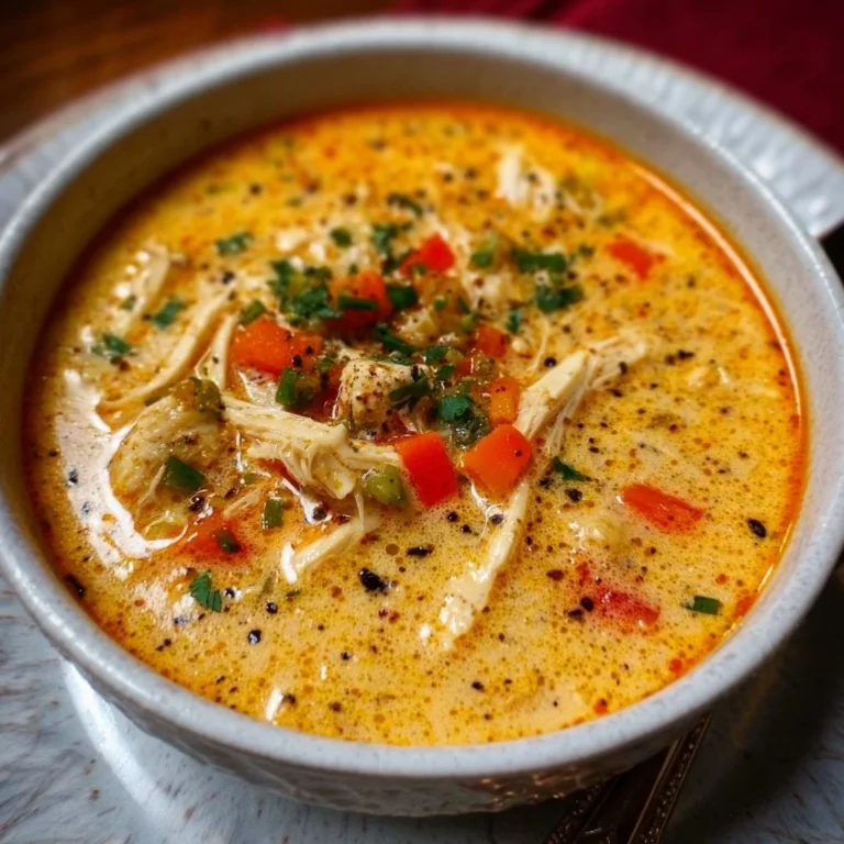 Bowl of creamy Cajun chicken soup with herbs and spices