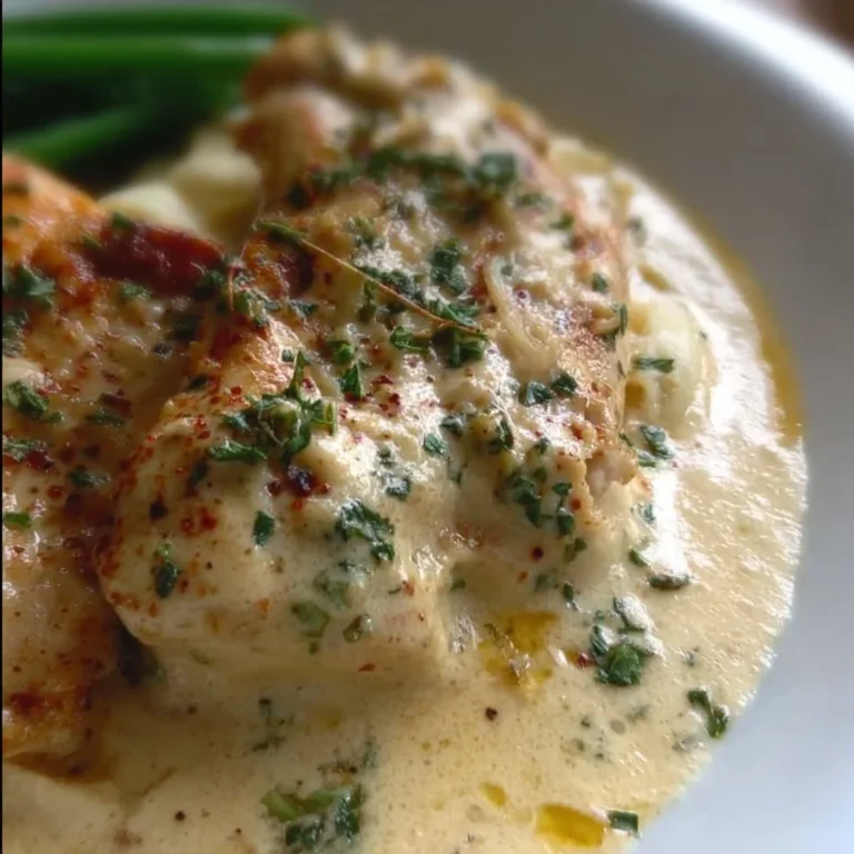 Delicious creamy garlic chicken served with garnish