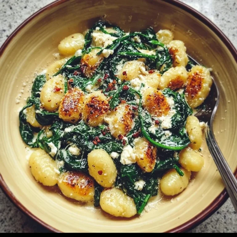 Creamy gnocchi with spinach and feta dish, garnished and served in a bowl.
