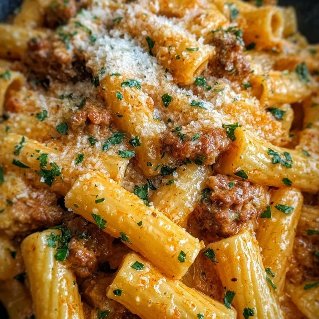 Creamy Italian Sausage Rigatoni served in a bowl with fresh herbs