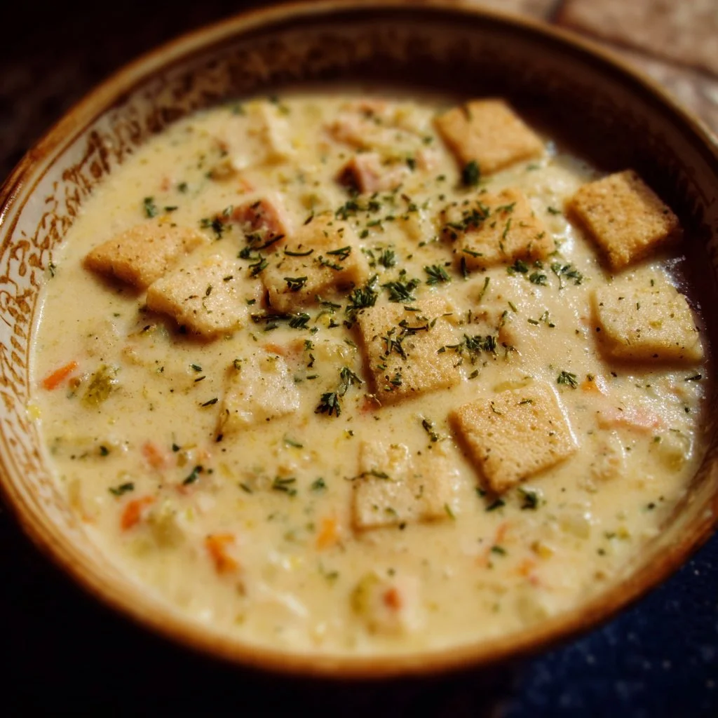 Bowl of creamy Knoephla soup with vegetables and dumplings