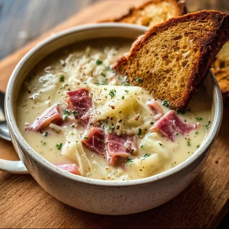 Bowl of creamy Reuben soup garnished with herbs and served with rye bread