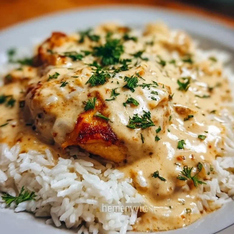 Delicious creamy smothered chicken served over rice