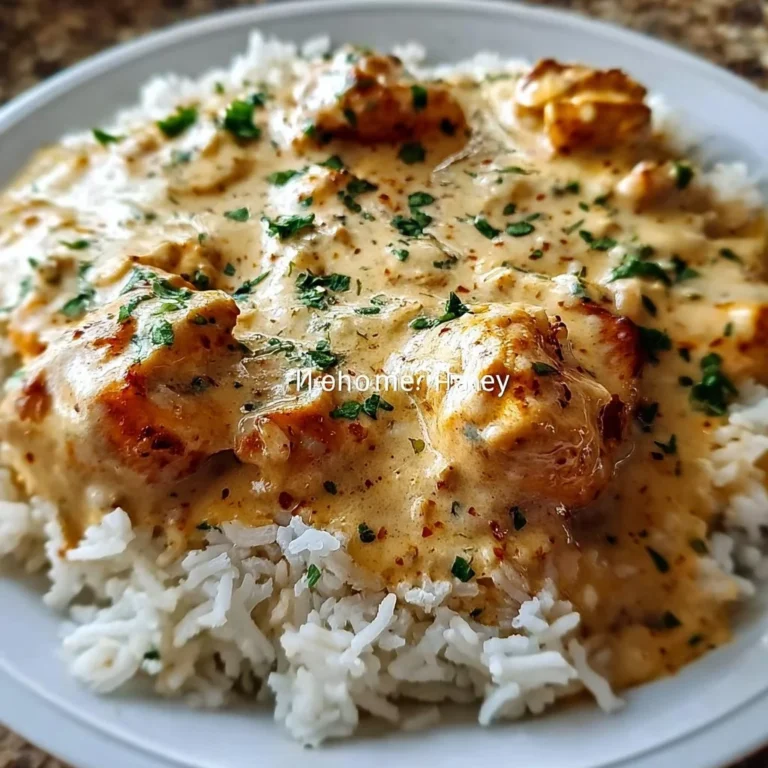 Creamy smothered chicken served with rice, a hearty comfort food dish.