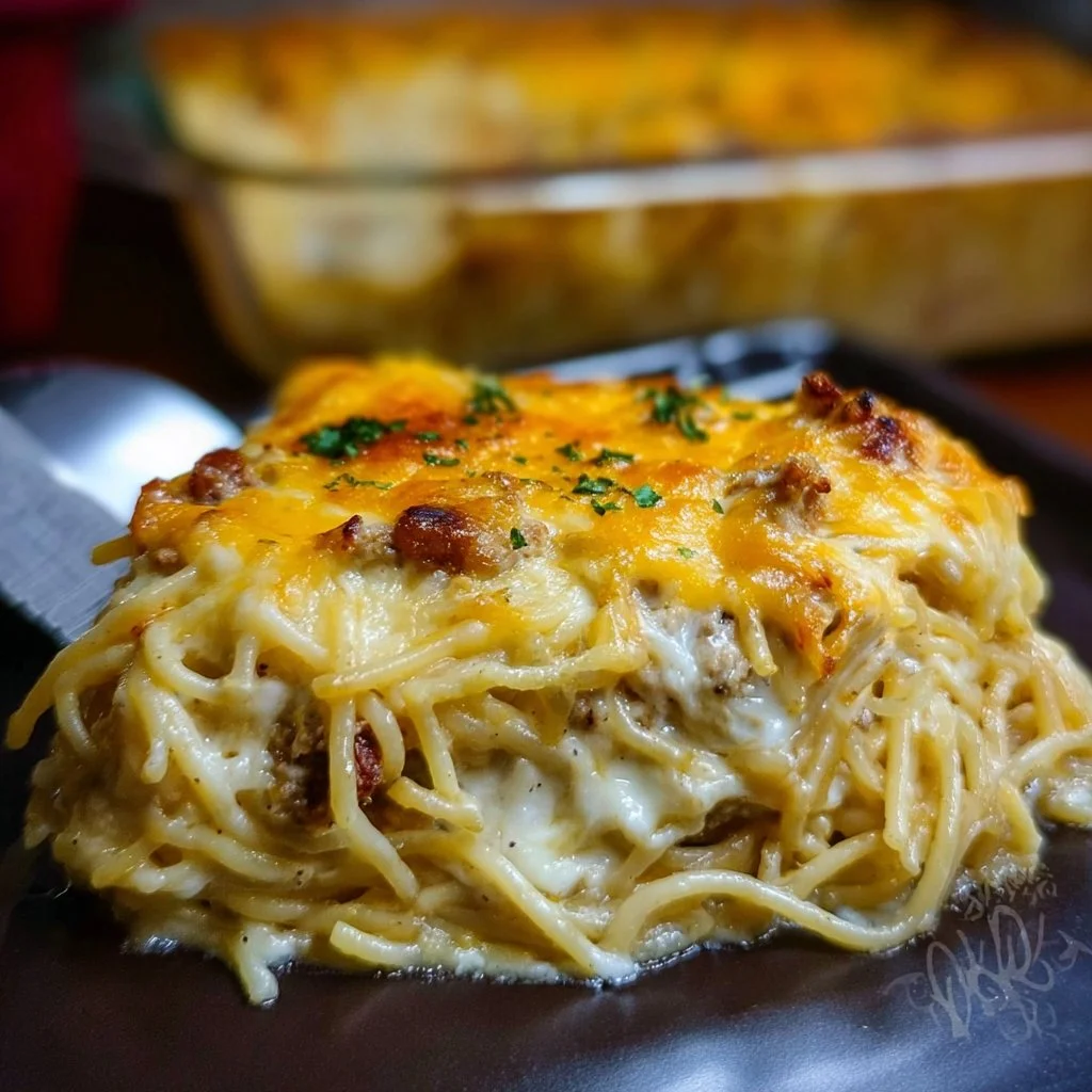 Creamy Southern spaghetti bake topped with cheese and herbs ready to serve.