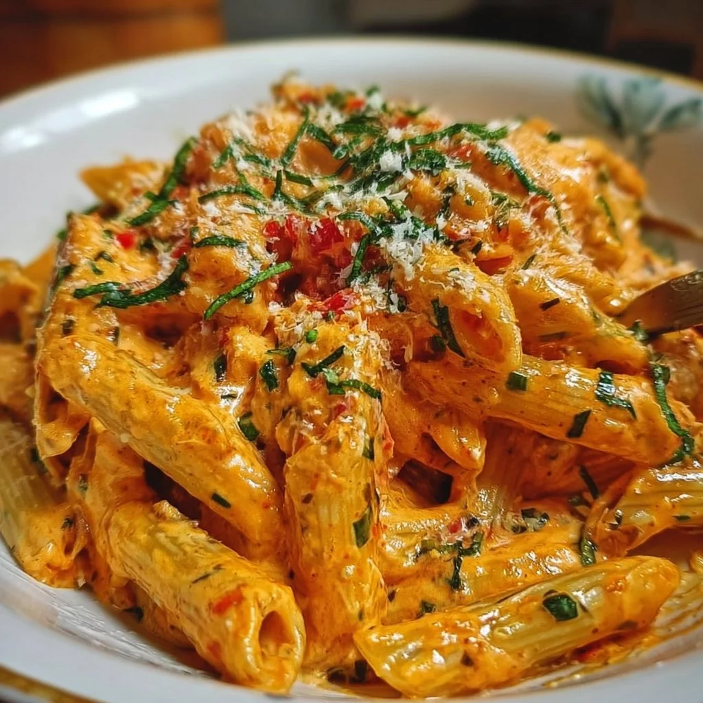 Creamy tomato garlic pasta topped with fresh basil and parmesan cheese