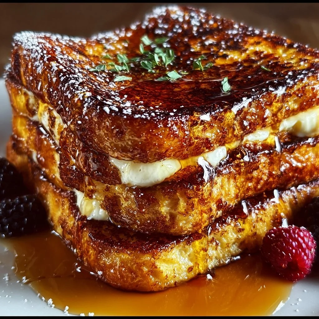 Delicious Crème Brûlée French Toast topped with caramelized sugar and fresh berries