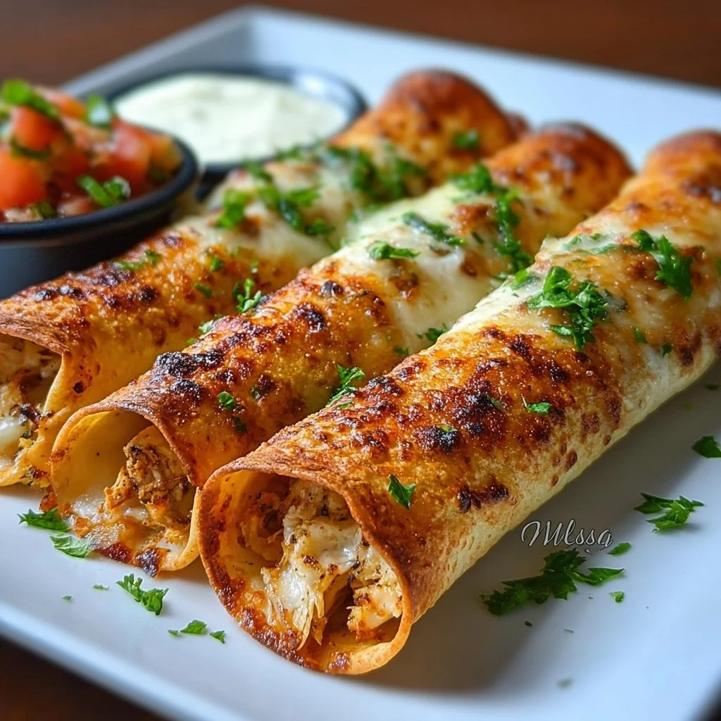 Plate of crispy chicken taquitos garnished with salsa and cilantro