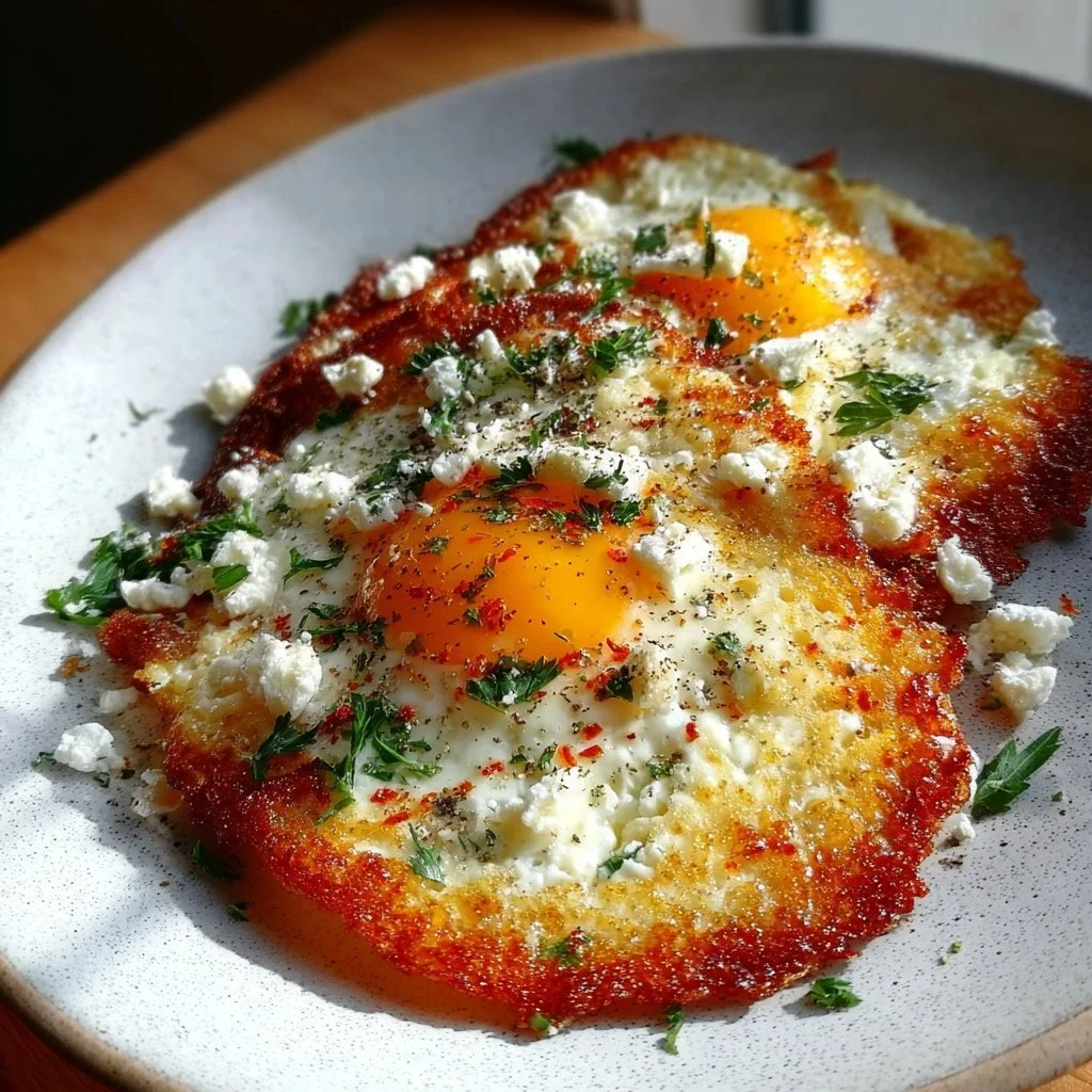 Plate of Crispy Feta Fried Eggs garnished with herbs