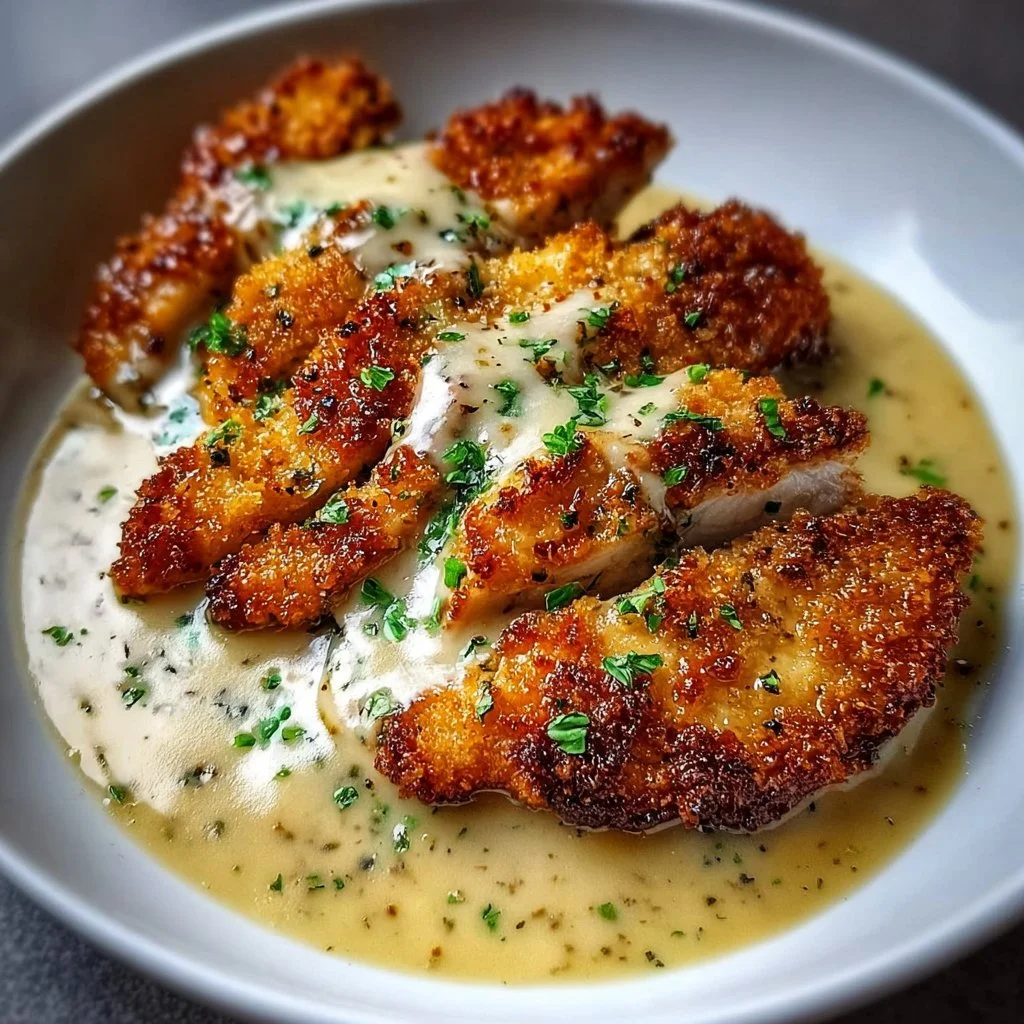 Crispy Parmesan Chicken served with rich garlic sauce on a plate