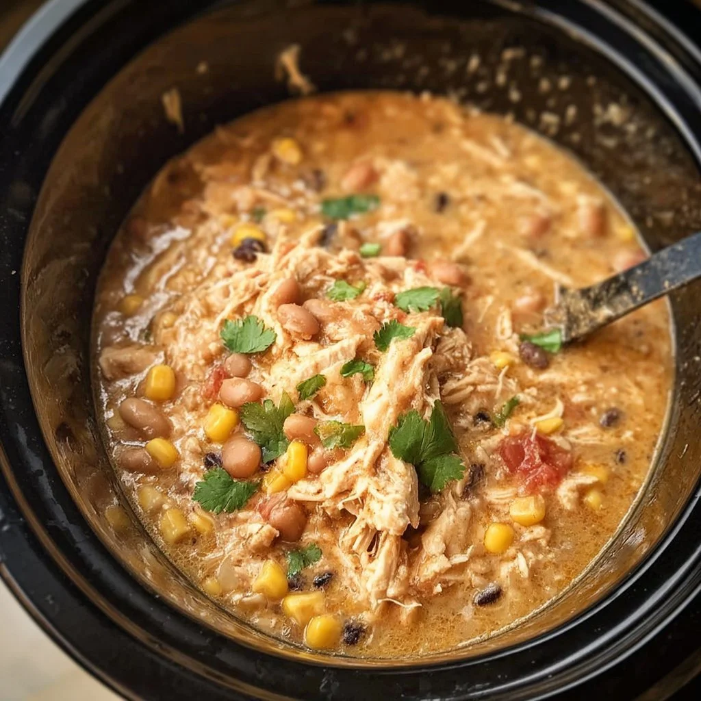 Bowl of creamy crockpot white chicken chili garnished with herbs.