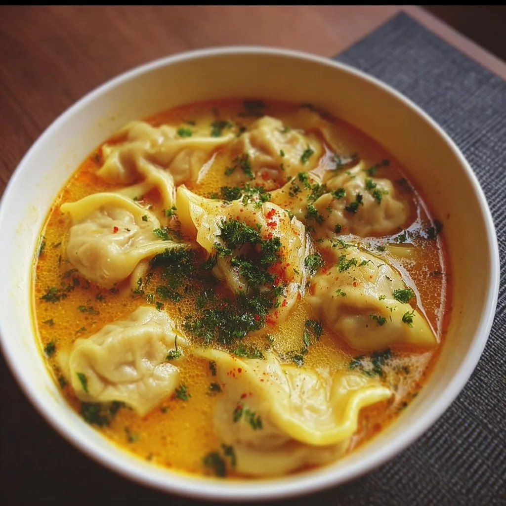 Bowl of Curry Dumpling Soup with spices and dumplings