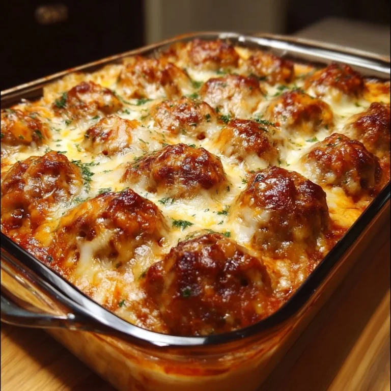 Delicious dump-and-bake meatball casserole fresh out of the oven.