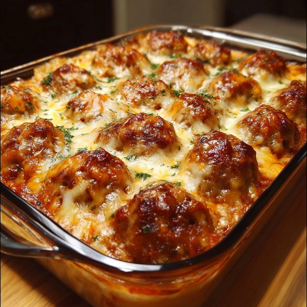 Delicious dump-and-bake meatball casserole fresh out of the oven.