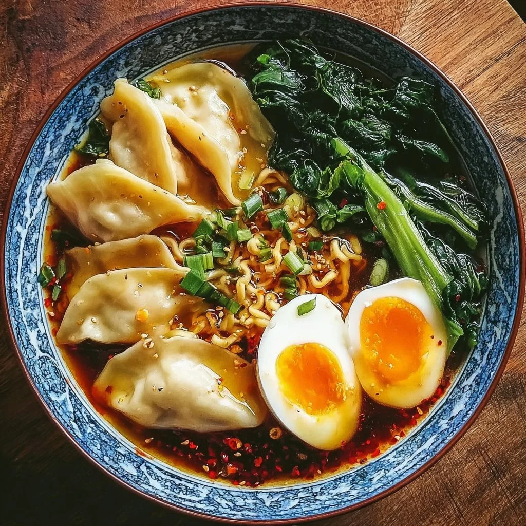 Delicious Dumpling Ramen Bowl topped with dumplings and fresh ingredients.