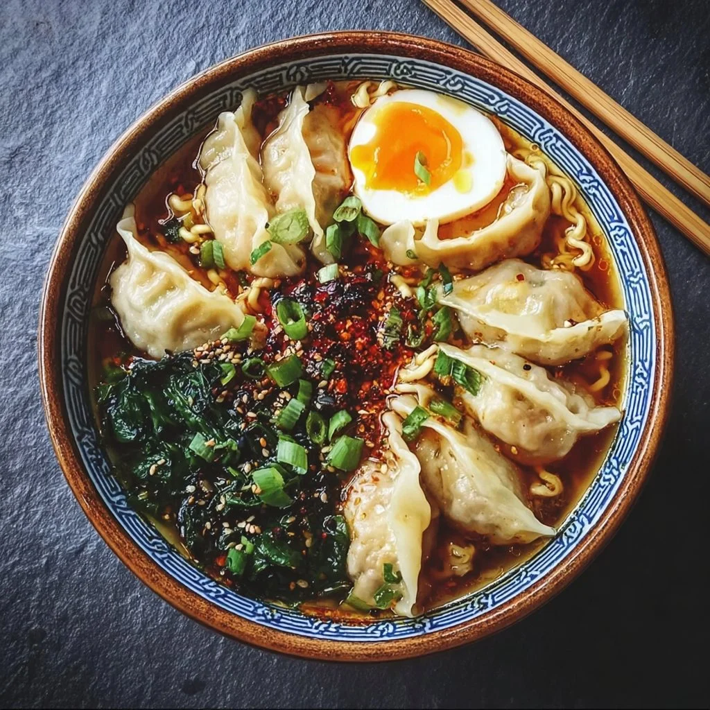 Delicious Dumpling Ramen Bowl with tender dumplings in rich broth