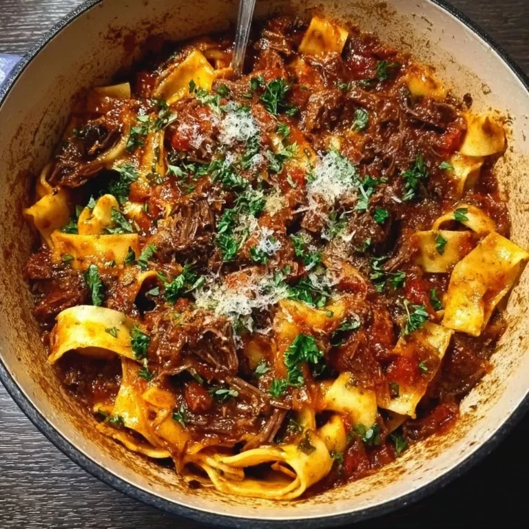 Dutch Oven Short Rib Ragu served over pappardelle pasta with herbs