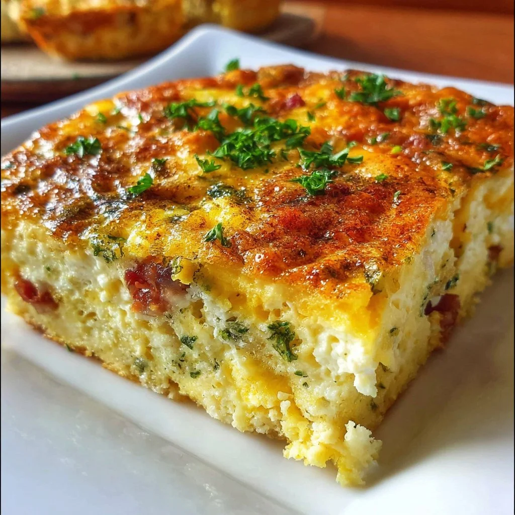 Easy egg breakfast casserole with vegetables and cheese in a baking dish