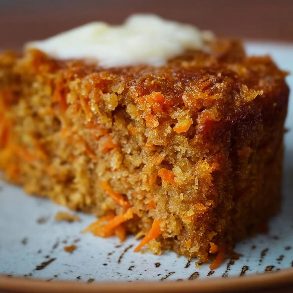 Slice of easy flourless oatmeal carrot cake topped with walnuts and cream cheese frosting