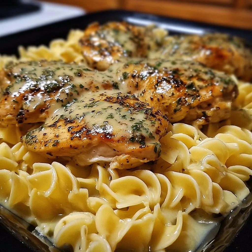 Easy one-pan chicken with buttered noodles served in a white dish.