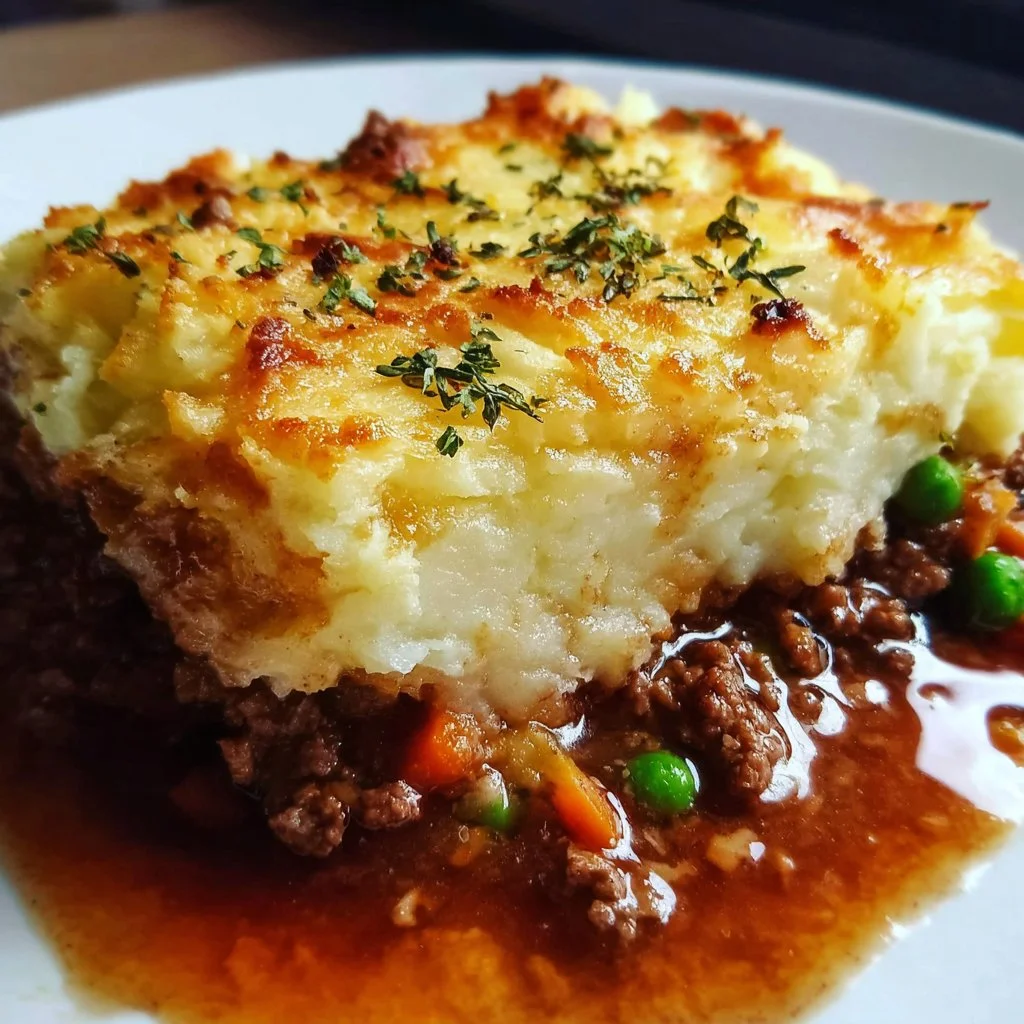 Delicious easy Shepherd's Pie casserole served in a baking dish.