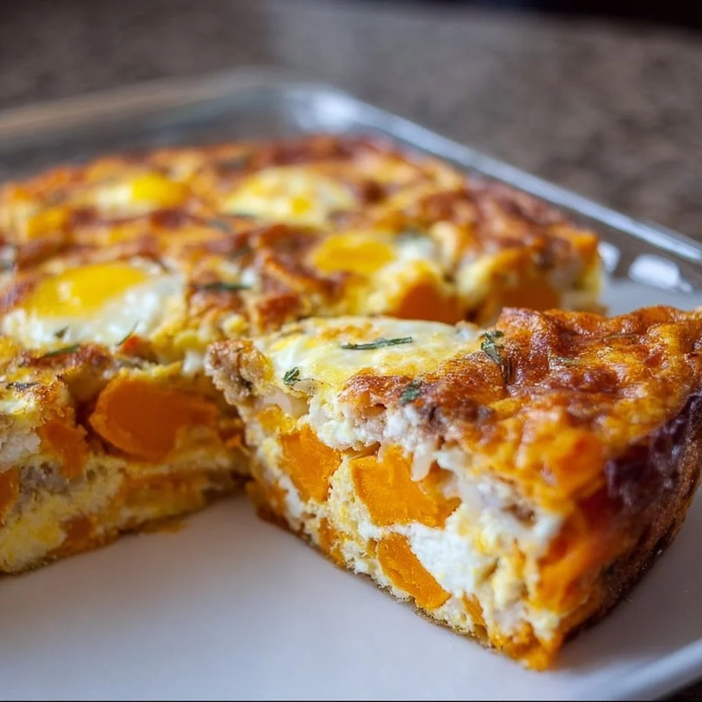 Easy sweet potato egg casserole topped with herbs and spices