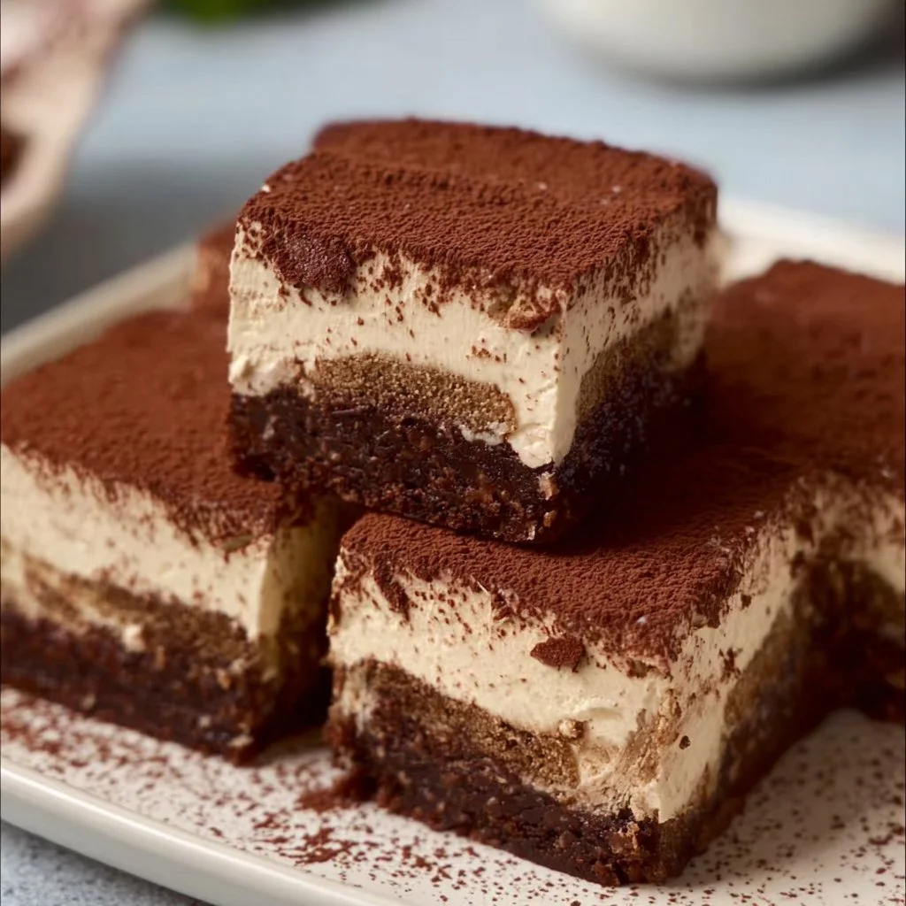Delicious tiramisu brownies served on a plate with coffee beans