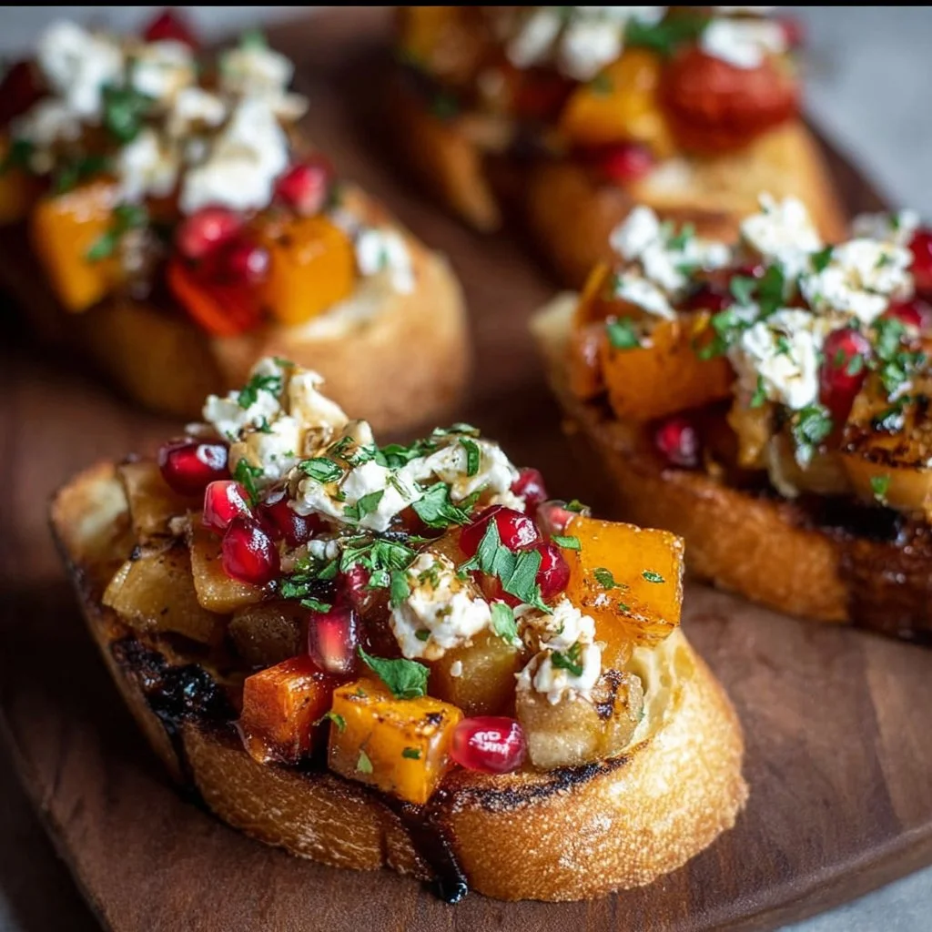Delicious fall bruschetta topped with seasonal ingredients like pumpkin and sage