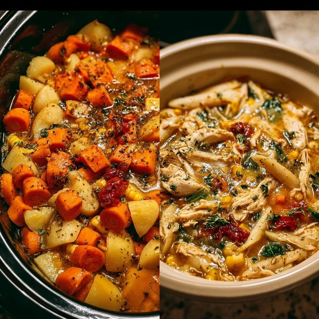 A variety of fall crockpot recipes showcased in a cozy kitchen setting.
