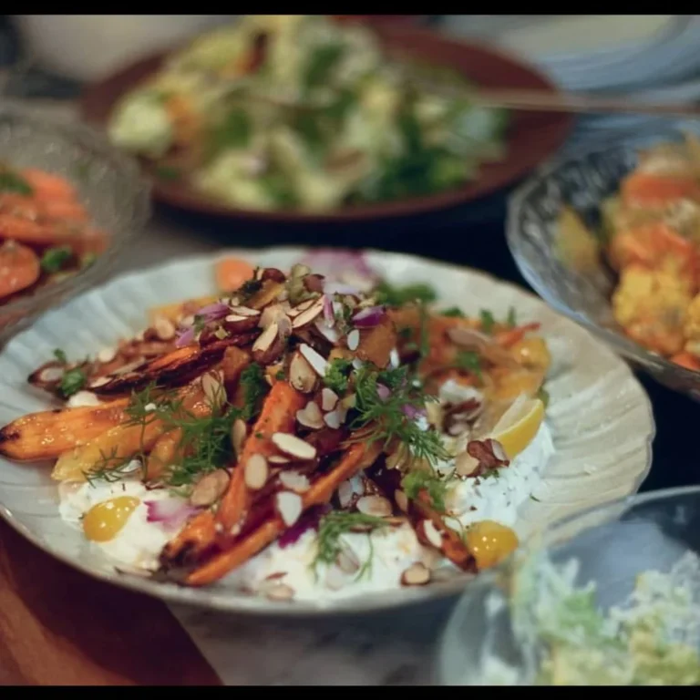 Colorful fancy salads arranged beautifully for a dinner party.